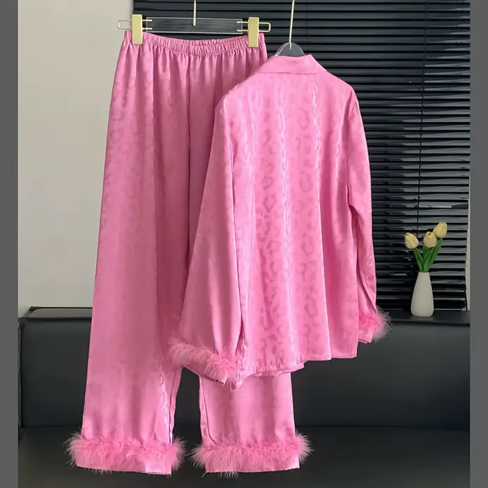 Dámské pyžamo s dlouhým rukávem, sexy oblečení na spaní, leopardí relaxační oblečení, pyžamo napuštěné peřím, Ice InjHomewear, superintendant, 2 kusy