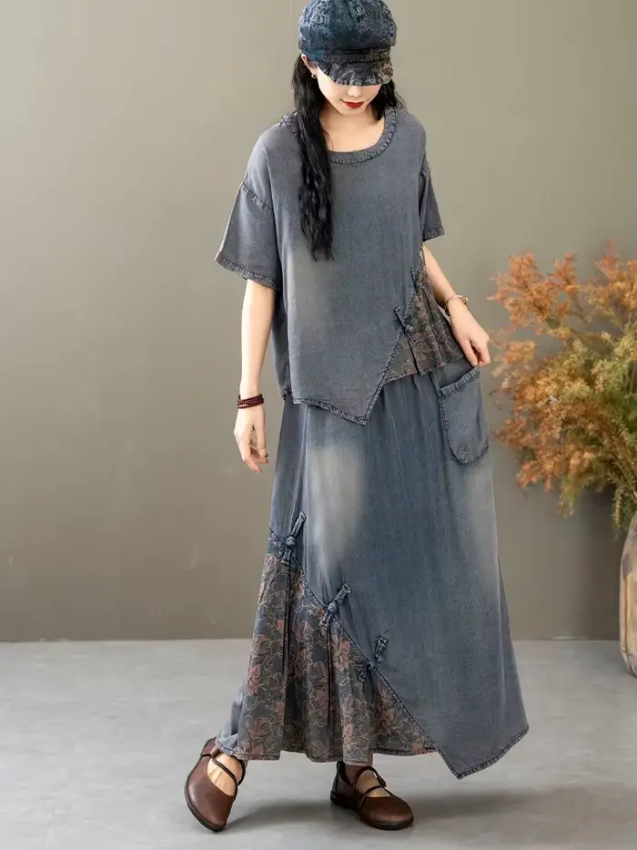 AmaxluluE 2025 costumes d'été femmes chinois 2 pièces ensembles décontracté imprimé Denim tenues de