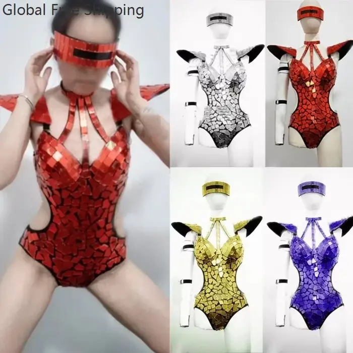 Body miroir en polyester pour femmes, costume de danse avec paillettes or argent, épaules volantes, ajouré, tenue rave, vêtements de spectacle gogo occasions spéciales