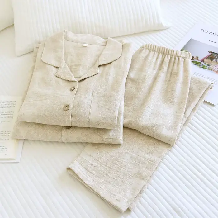 Jacquard pyžamo set pro páry, bavlněné a texturované prádlo noční prádlo, japonský minimalistický styl, 2dílná relaxační sada oblečení pro muže a ženy