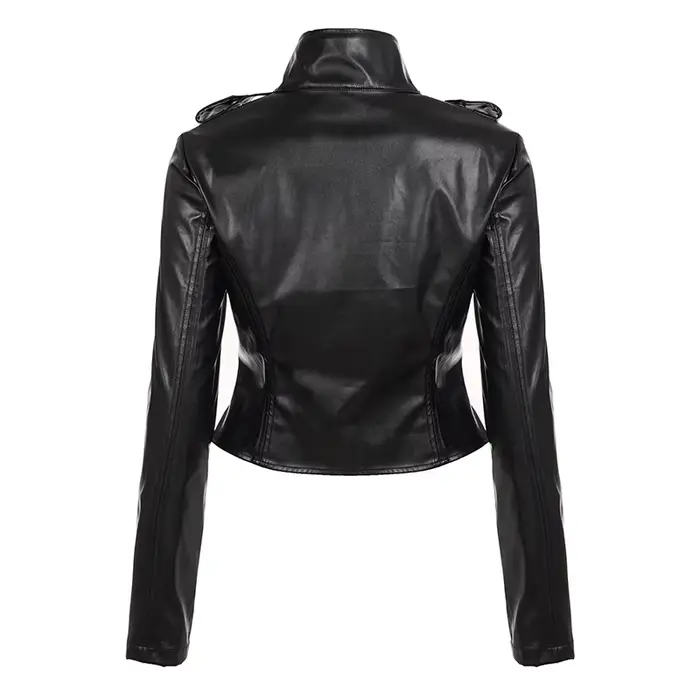 Veste en cuir Pu noir fermeture éclair col montant coupe ajustée Moto Biker veste Y2K Edgy décontrac