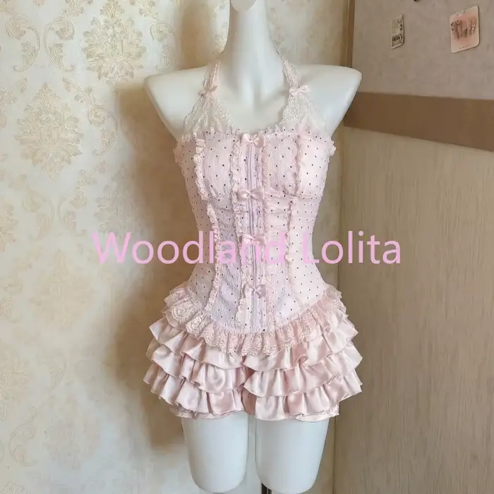 Ensemble 2 Pièces Princesse Lolita Douce pour Femme : Haut Corset en Dentelle avec Nœud et Mini-Jupe