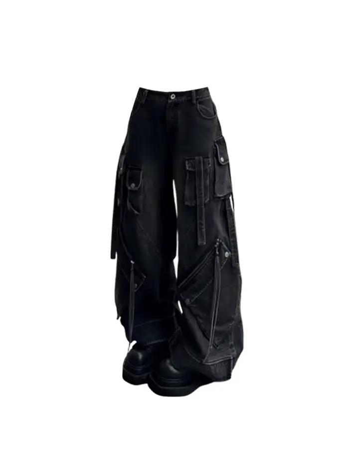 Jean Cargo Baggy gothique noir pour femmes, pantalon en Denim surdimensionné Harajuku Y2k années 90 