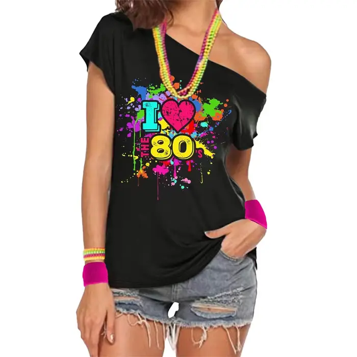 Costume des années 80 pour femme, t-shirt à épaules dénudées, nouveauté, haut néon, vêtements pour C