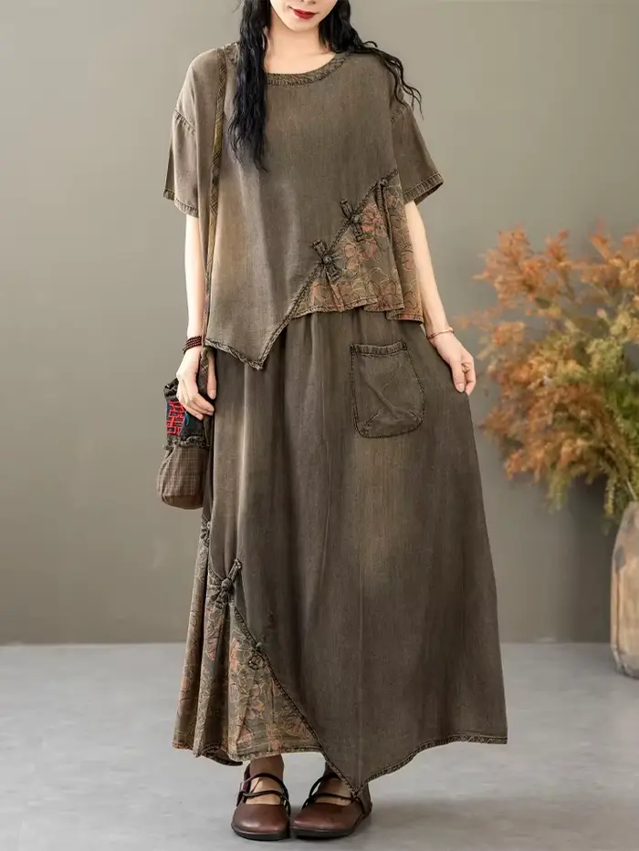 AmaxluluE 2025 costumes d'été femmes chinois 2 pièces ensembles décontracté imprimé Denim tenues de