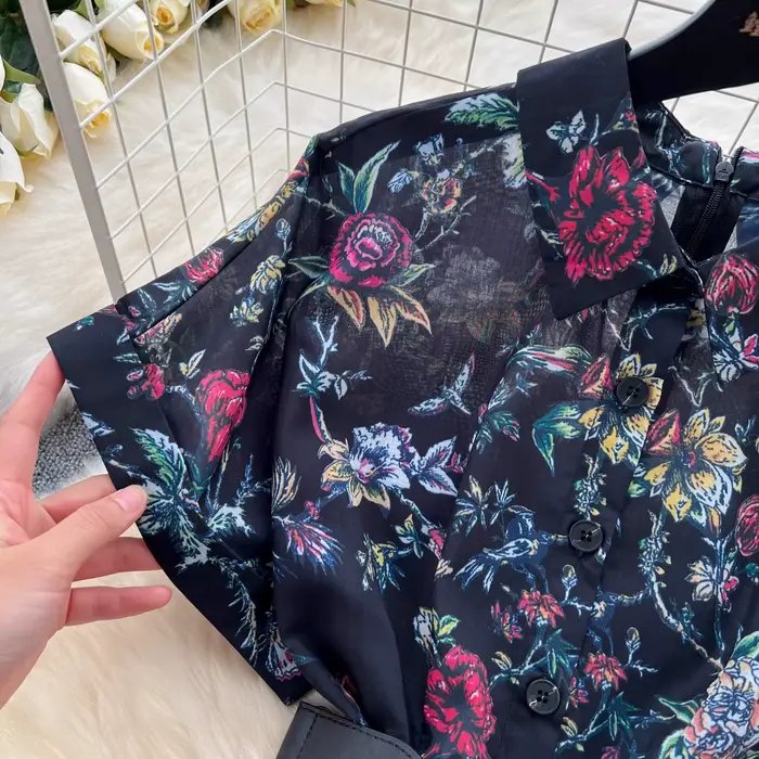 Robe à Revers à Imprimé Floral pour Femme, Vêtement Français Vintage, Manches Courtes, Taille Haute,