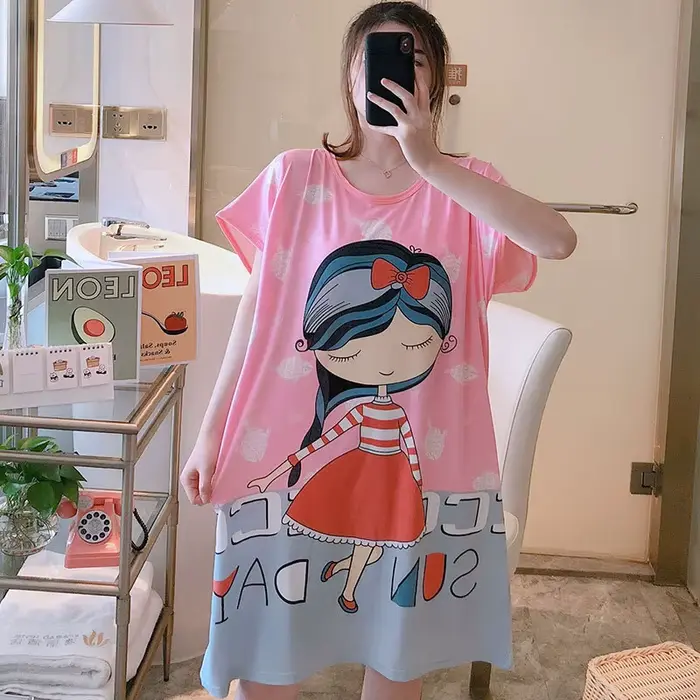 Chemise de nuit à manches courtes pour femmes et filles, chemise de nuit de dessin animé mignon, vêtements de nuit décontractés doux, chemise de nuit d'été, grande taille