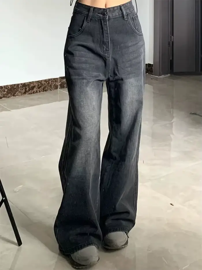 Jean Vintage coréen taille haute pour femmes, pantalon en Denim Baggy noir et gris, amincissant, en 