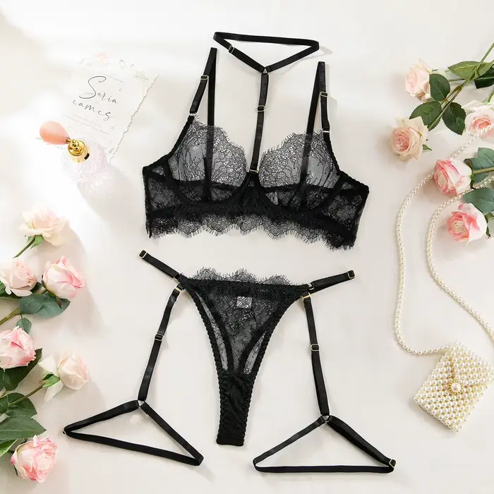 Ensemble de lingerie en dentelle à 4 pièces, lingerie sexy transparente à bretelles amovibles