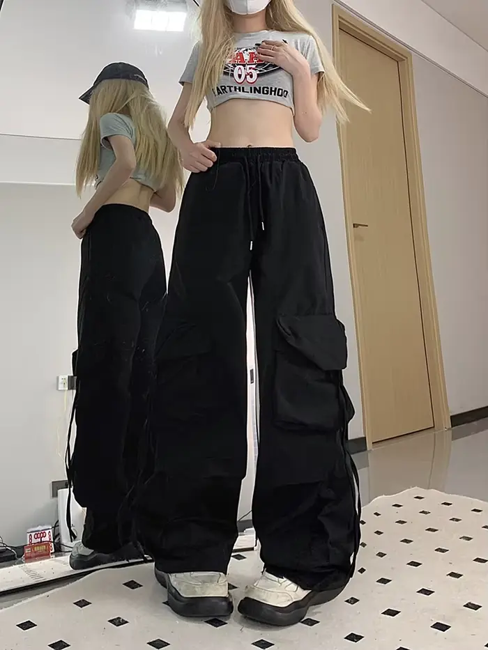 Zoki růžové streetwear cargo kalhoty pro ženy volný střih Harajuku Y2K rovné