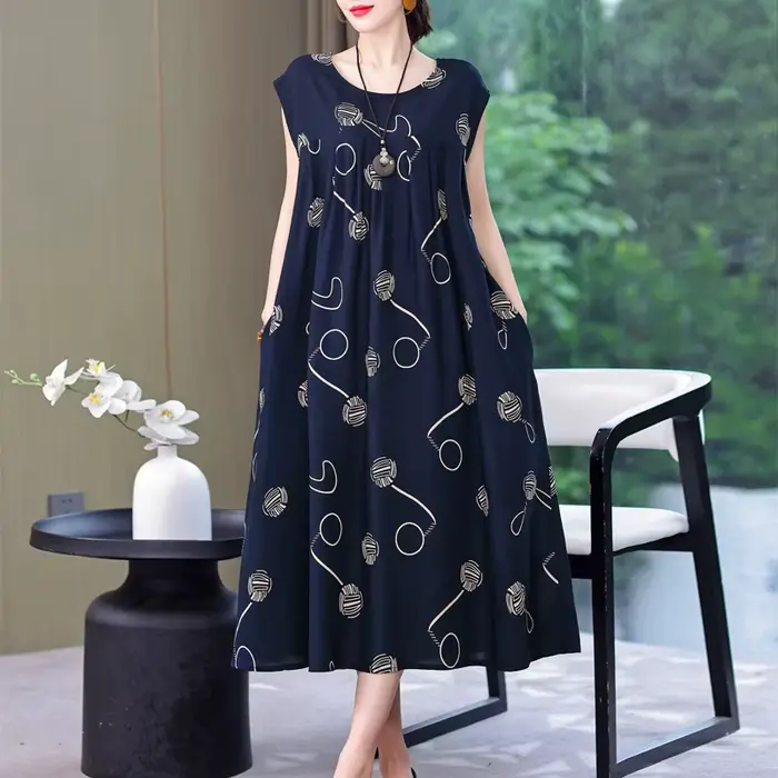 Robe en viscose décontractée avec col rond et poches pour femmes grandes tailles occasions estivales