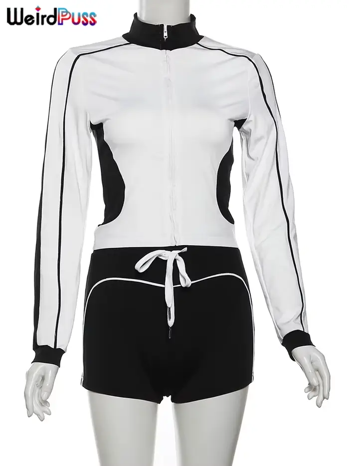 Bizarre Puss décontracté sportif 2 pièces ensemble femmes automne tendance Zip Hipster Patchwork ves