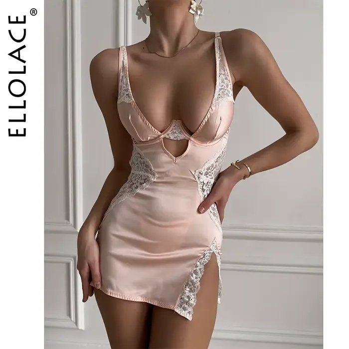 Ellolace Sexy hluboký výstřih saténové šaty Spodní prádlo