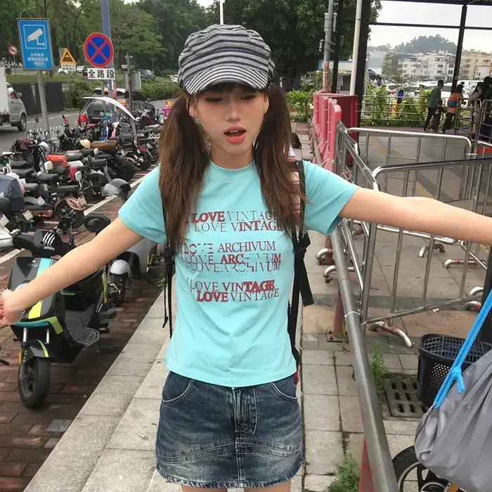 Karrram japonais Y2k lettre impression T-shirt Trashy 2000s Style haut court Vintage Harajuku manche