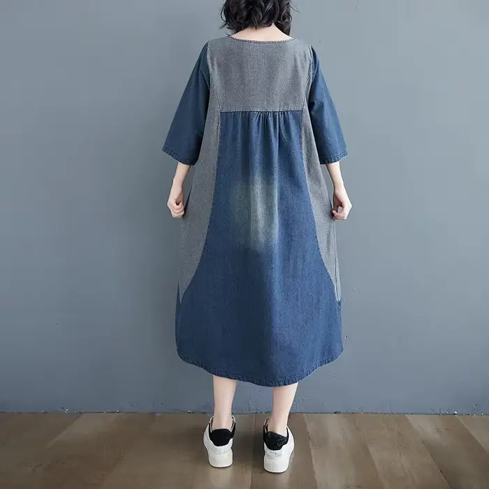 Robe en denim vintage pour femme, patchwork simple, longueur genou, rayures Wiltshire, manches trois