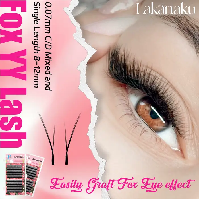 LAKANAKU-Extensions de Cils en Faux Vison Doux, Volume Brésilien, Forme YY, Yeux de Renard, 0.07mm
