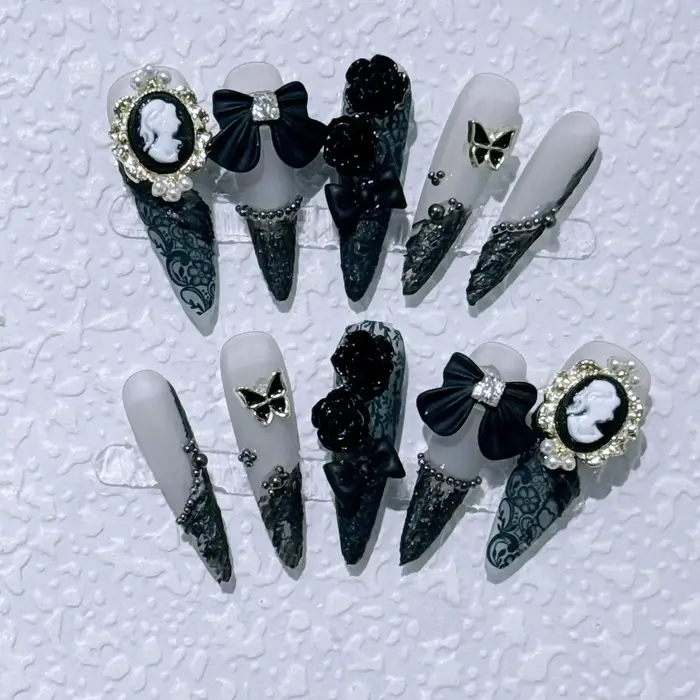 Faux ongles de Ballet longs et détachables, avec papillon et camélia, Design Y2k, couverture complèt