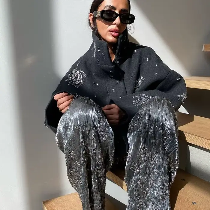 Manteau chic luxueux à perles pour femmes, vêtements d'extérieur en laine, vestes à manches longues,