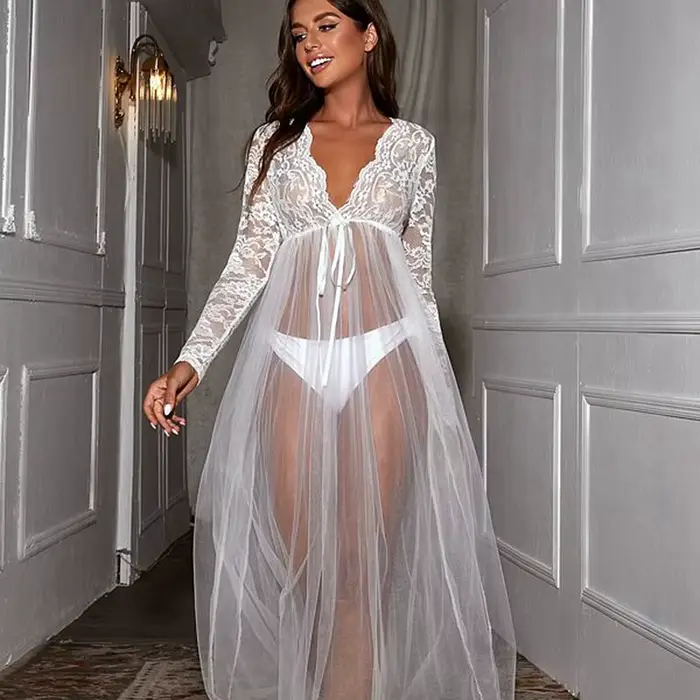 Sexy spaní dlouhé šaty noční topy spodní prádlo žena noční košile žena vidět přes krajky sexy noční košile V-neck mesh nightgown