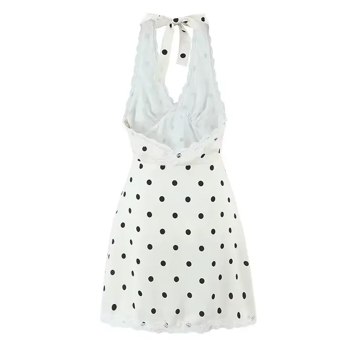 YENKYE dentelle épissé à pois Robe licou femmes élégant a-ligne Mini Sexy dos nu robes Robe d'été 20
