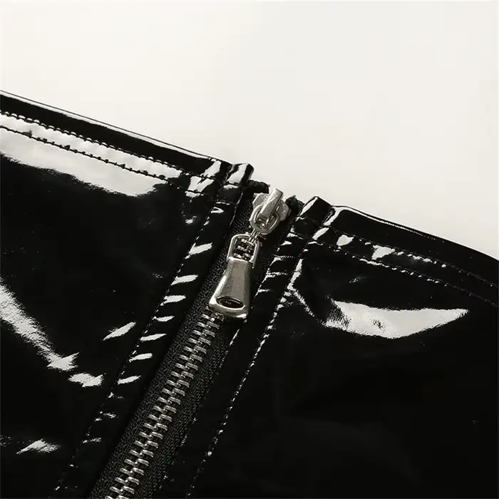 Débardeur court sexy en similicuir PU noir brillant avec fermeture éclair, style bandeau, bustier, b