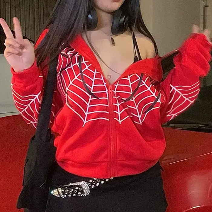 Y2k strass squelette veste à capuche femmes gothique noir fermeture éclair surdimensionné sweats fem