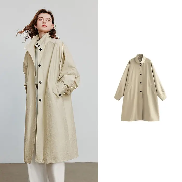 TOYOUTH Dámský Trench Coat Podzim 2025 Nový Styl Stodola Stojatý Límec Lehký Polodlouhý Větruodolný Kabát