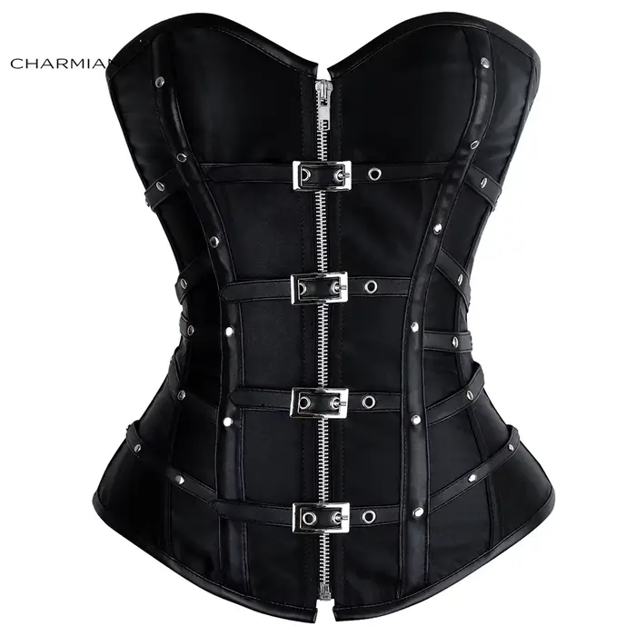 Corset en cuir steampunk Charmian pour femme, sexy, gothique, avec rivets, boucles et fermeture écla