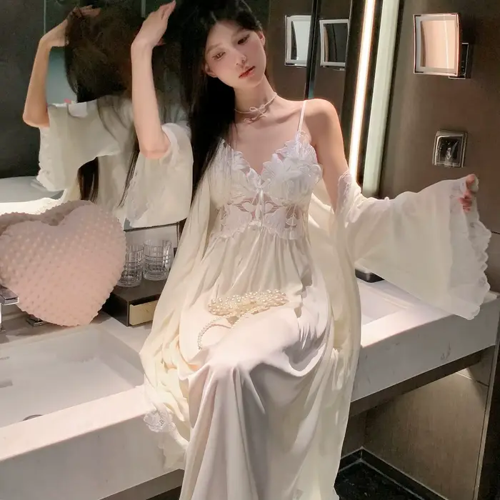 Ensemble de Robe Longue pour Femme, Chemise de Nuit Élégante en Satin Soyeux, Vêtements de Nuit et d'Intérieur, Lingerie Sexy en Dentelle Évidée, Tenue de Détente