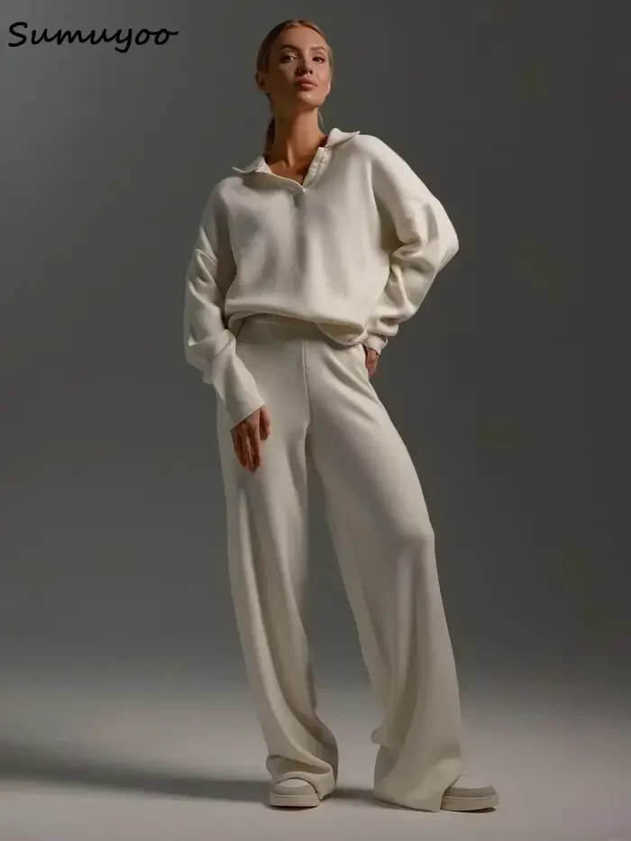 Sumuyoo hiver épais femmes tricoté costumes cachemire doux 2 pièces ensembles femme col Polo pull et
