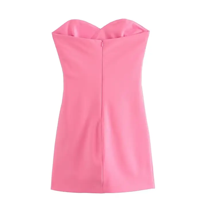 YENKYE nouvelle mode femmes rose froncé robe sans bretelles sans manches dos fermeture éclair femme