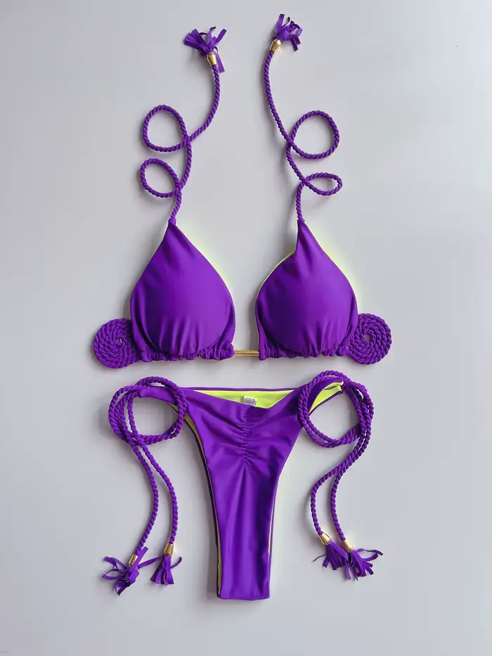 Sexy couleur unie deux pièces Triangle maillots de bain maillot de bain pour femme tressage corde Bi