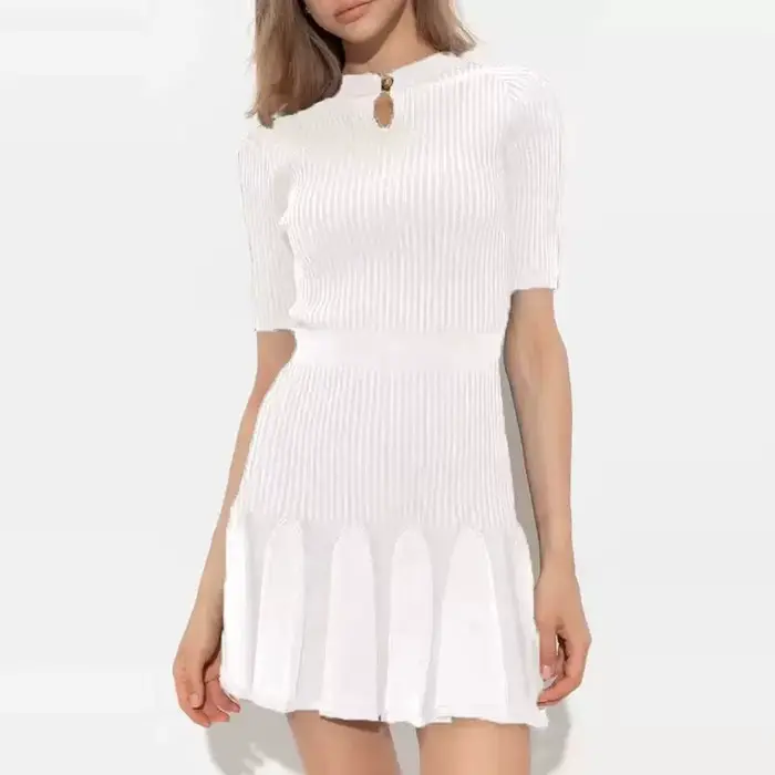 CommPiedmont-Robe courte monochrome pour femme, col rond, bouton doré, manches courtes, mince, style