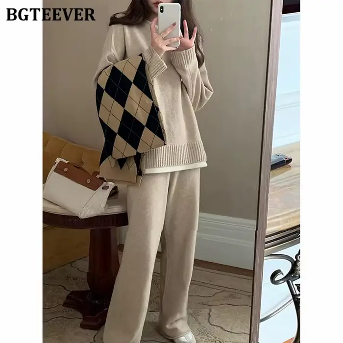 BGTEEVER-Ensemble 2 pièces décontracté pour femme, pulls patchwork, manches longues, jambe large, fj