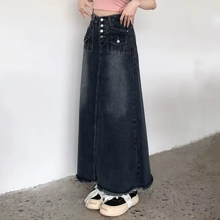 S-5XL Nouveau Vêtement de rue Jupe en jean Printemps Été Mode Ourlet effiloché Poche Taille haute Lo