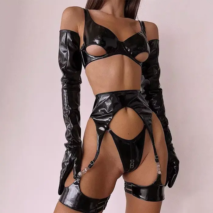 Soutien-gorge en cuir PU pour femme, Lingerie Sexy, sous-vêtements sensuels, Latex non censuré, Push Up, tenues exotiques avec tongs à jarretelles
