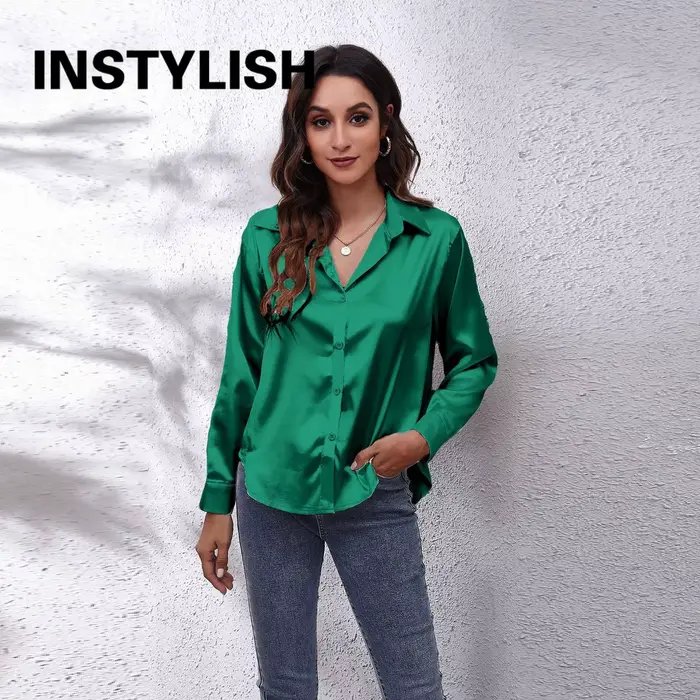 Chemise en satin élégante pour femmes, chemisier décontracté à manches longues en fausse soie, haut