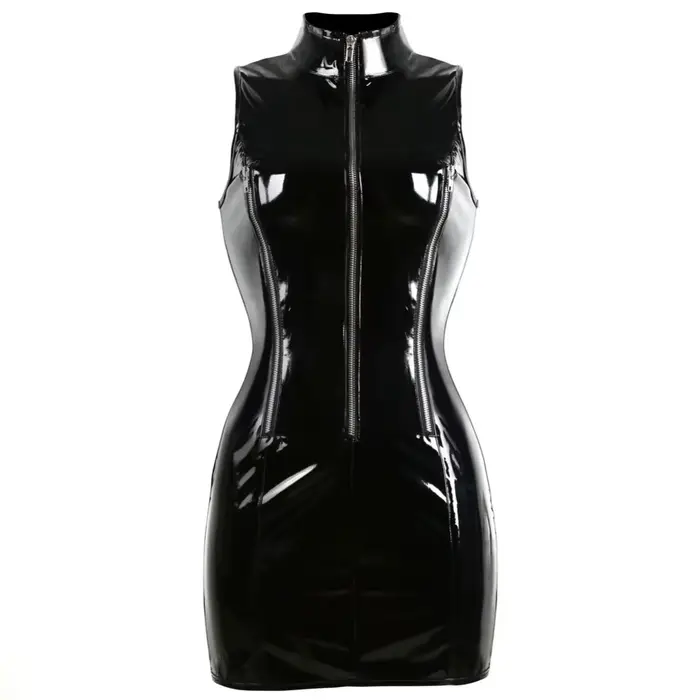 Robe en cuir verni noir PVC Punk, fermeture éclair, Slim, Sexy, moulante, Clubwear, Costume de fête 