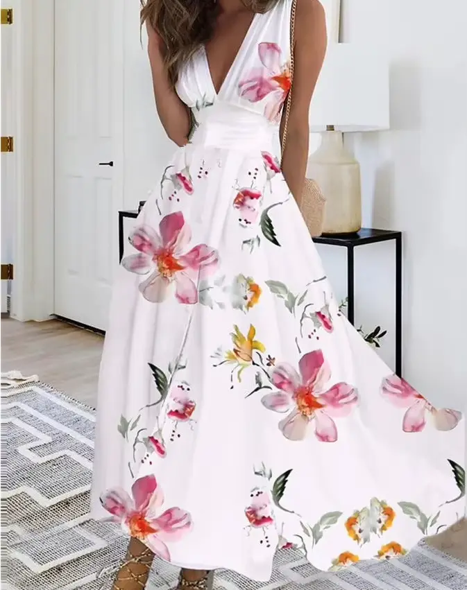 Robe mi-longue élégante pour femmes, tenue d'été, taille haute, sans manches, imprimée, Sexy, été, Л