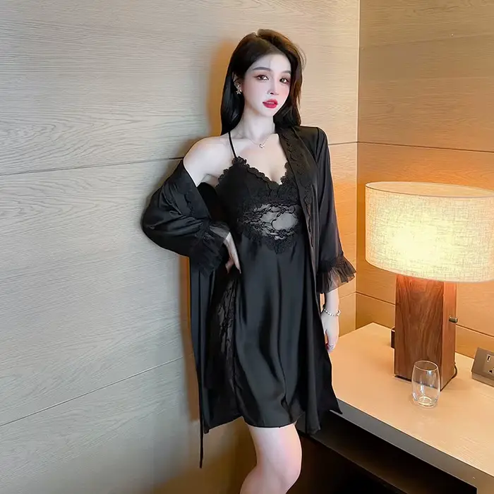 Dámské saténové kimono set, 2 kusy, sexy ležérní noční košile, domácí oblečení, krajka intimní prádlo, župan