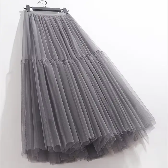Jupes longues en tulle taille haute pour femmes, jupe tutu trapèze, vêtements en maille plissée pour
