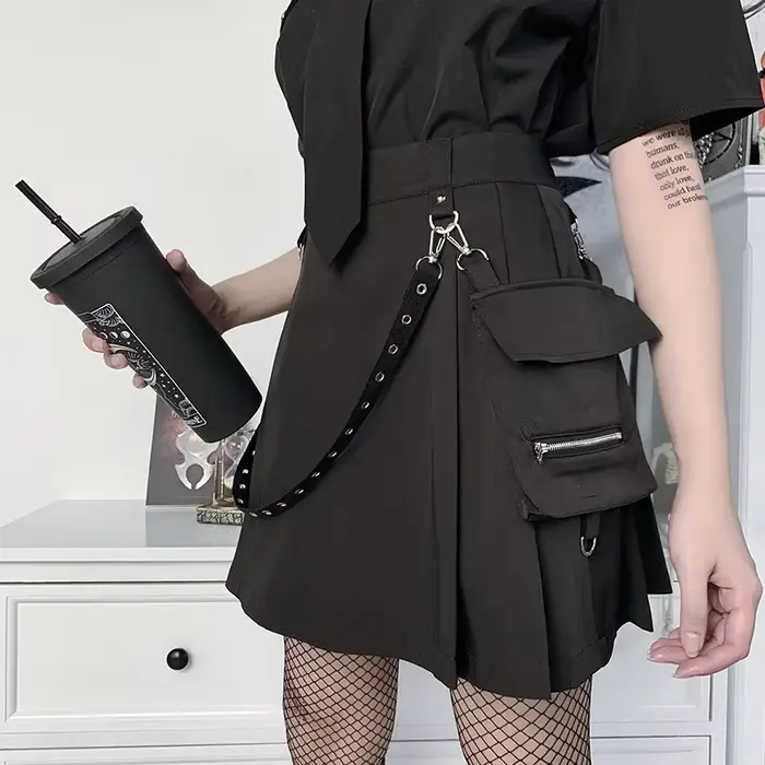 Harajuku Punk gothique noir taille haute jupes noires femmes Sexy Patchwork pansement Mini femme Str