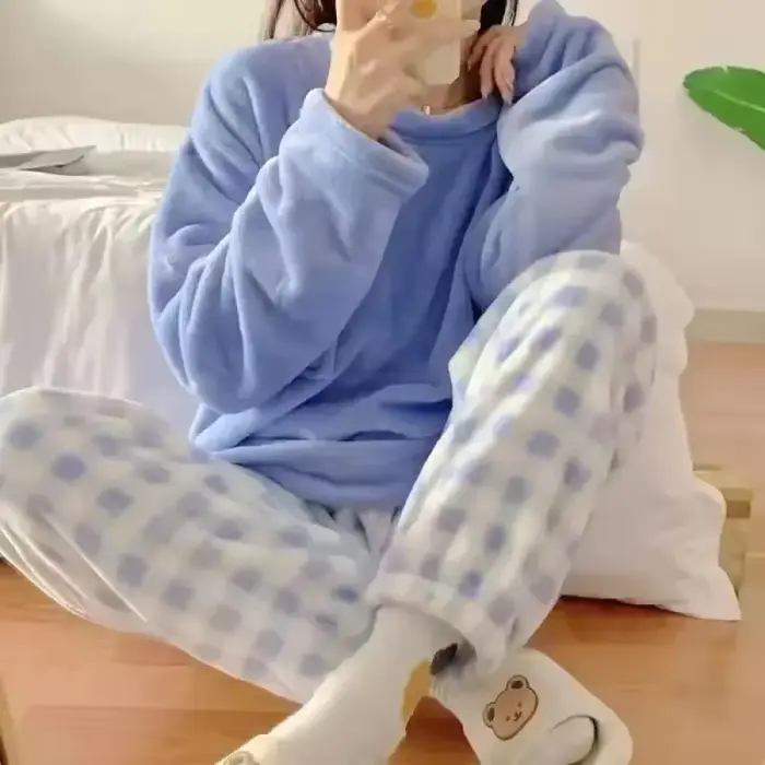 Ensemble pyjama en molleton épais et chaud pour femme, vêtements de nuit d'hiver, haut rigide et pantalon à carreaux, doux, costume de maison pour les soirées tranquilles et les nuits froides