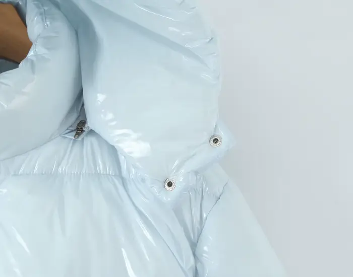 Nouveau hiver mode femmes bleu clair brillant fermeture éclair pain Parka manteau femme col montant 