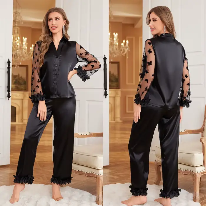 Pyjama en Satin pour femmes, broderie papillon, maille, manches longues, ensemble élégant, col en v, haut et pantalon, vêtements de nuit