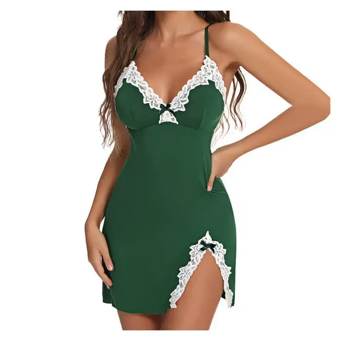 Lingerie pour femmes, robes de nuit sexy, robe de nuit en dentelle, robe chemise à col en V, robe de nuit avec fente sur le côté.