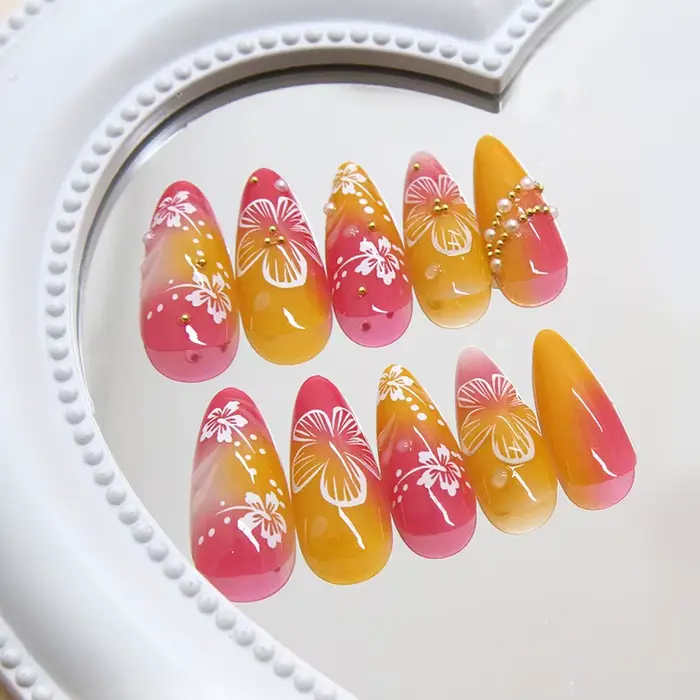 24 pièces fleur blanche faux ongles conseils Ins jaune rose Blush faux ongles portable couverture co