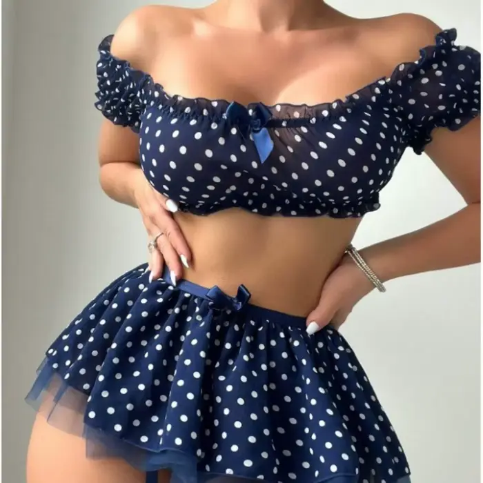 Dámské sexy Tutu Polka Dot Spodní prádlo Set, vysoce hodnotná dvoudílná sada, módní a vynikající, holý ramenní slot