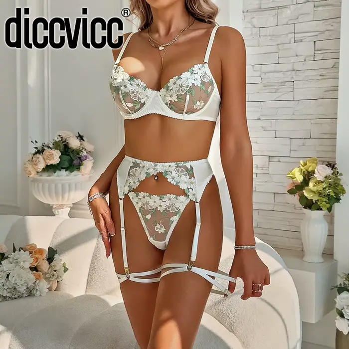 Diccvicc spodní prádlo ženy vyšívání květinové sexy krajka jemný podvazek spodní prádlo sada exotické miláček oblečení vidět přes intimita oblečení