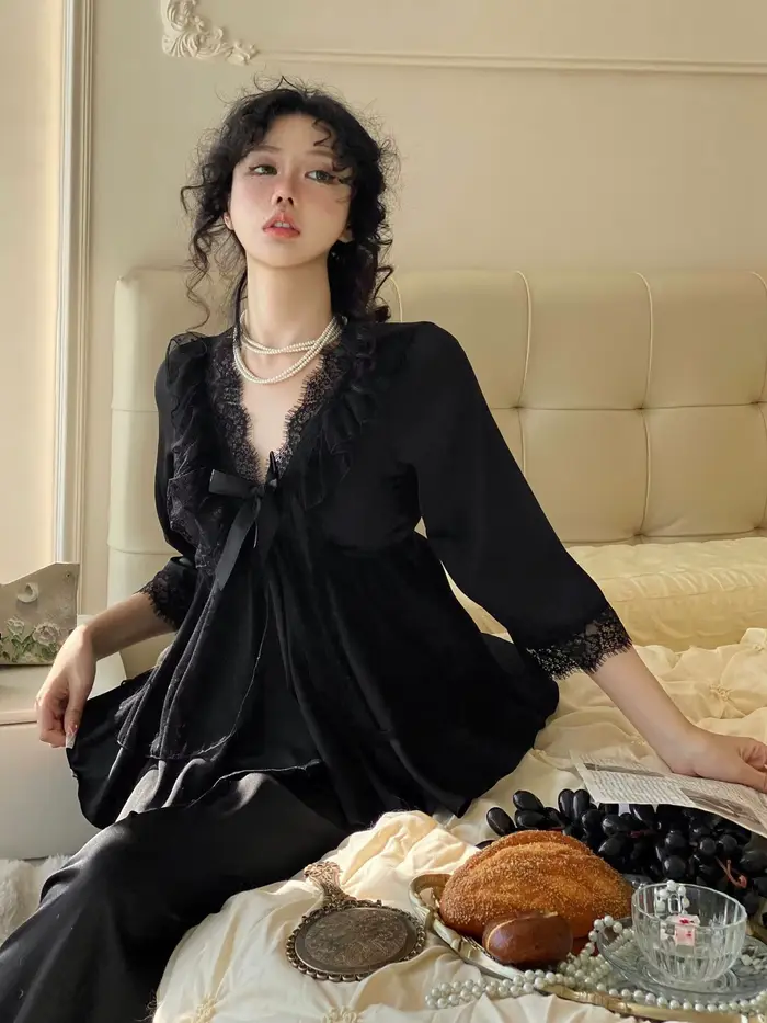 Ensemble de pyjama en dentelle pour femme, vêtements de nuit imprimés, lingerie printemps-automne, satin soyeux, vêtements de détente pour occasions spéciales